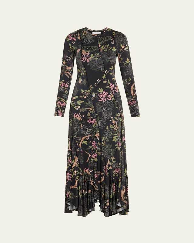 Garden Print Diagonal Seamed Dress